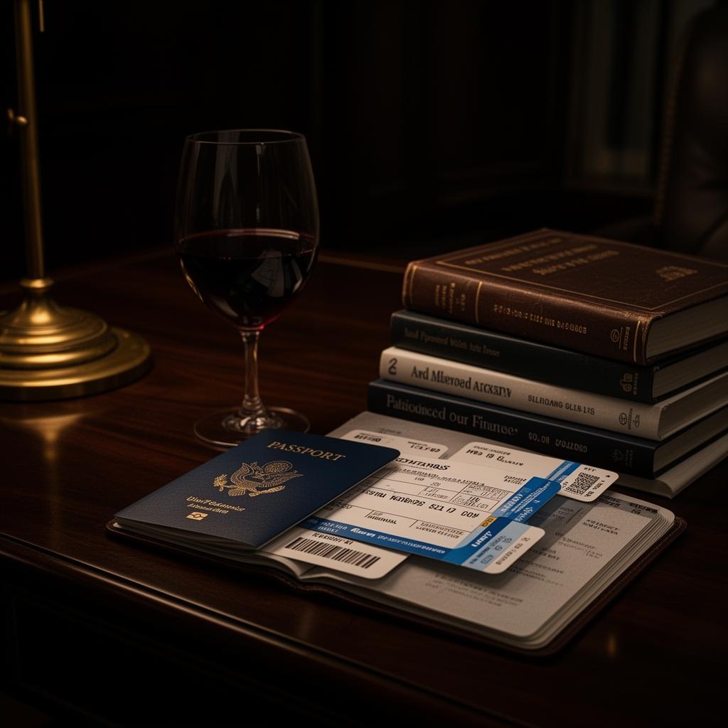 Taça de vinho ao lado de livros e passaporte